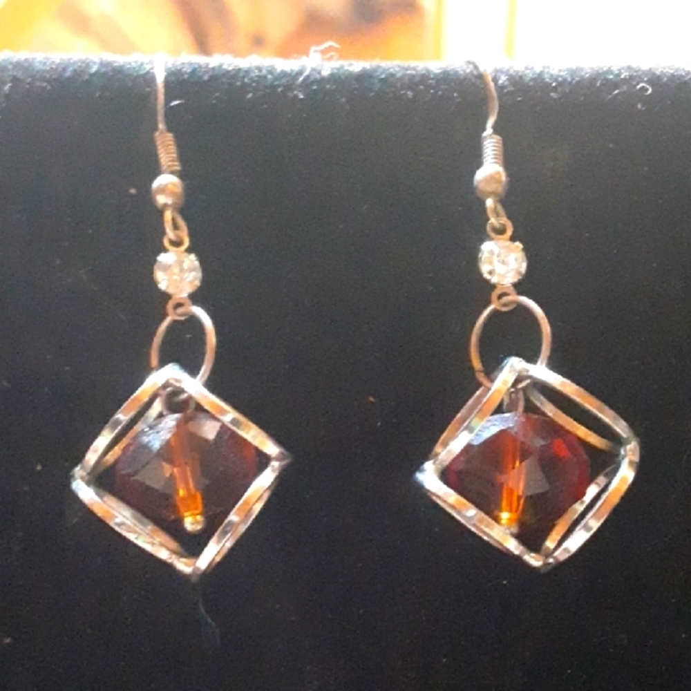 Elegant Silver Tone and Amber Colored Bead Earrings